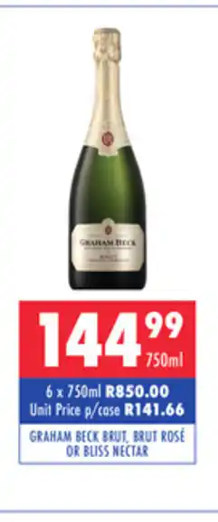 Graham Beck Brut, Brut Rose or Bliss Nectar 750ml