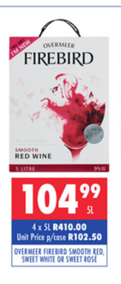 Ultra Liquors Overmeer Firebird Smooth Red, Sweet White or Sweet Rose 5L offer