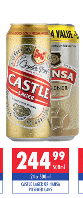 Ultra Liquors Castle Lager or Hansa Pilsener Cans 24 x 500ml offer