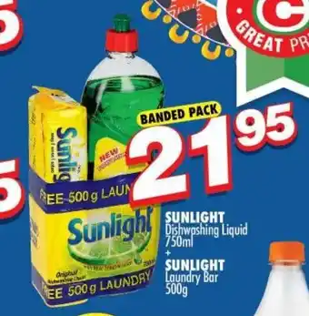 Choppies Sunlight Dishwashing Liquid 750ml + Sunlight Laundry Bar 500g offer