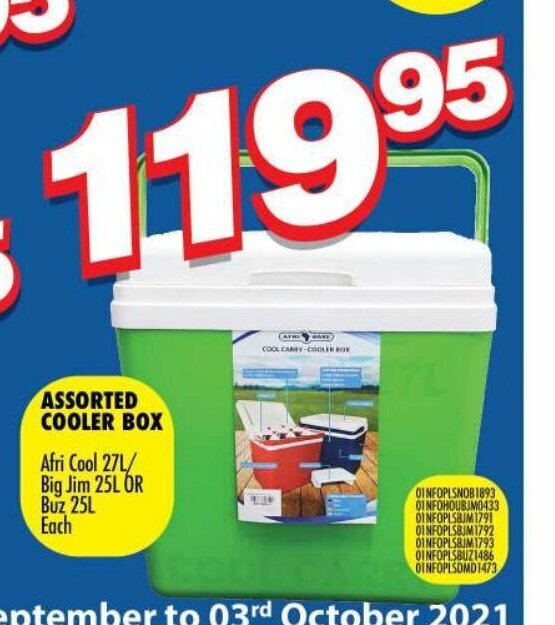 Assorted Cooler Box Afri Cool 27L / Big Jim 25L or Buz 25L each offer