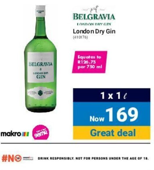 Belgravia London Dry Gin 750ml offer at Makro