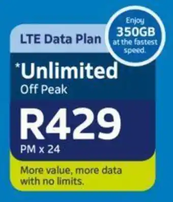 Telkom LTE Data Plan 350GB Unlimited Off Peak offer
