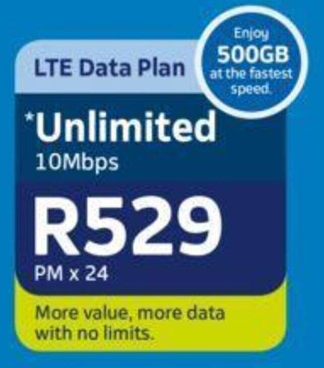 LTE Data Plan 500GB Unlimited 10Mbps offer at Telkom