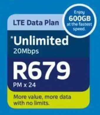 Telkom LTE Data Plan 600GB Unlimited 20Mbps offer