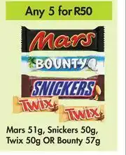 Game Mars 51g, Snickers 50g, Twix 50g Or Bounty 57g-For Any 5 offer