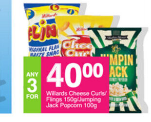 Save Willards Cheese Curls / Flings 150g / Jumping Jack Popcorn 100g offer