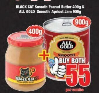 Boxer Black Cat Smooth peanut Butter 400g & All Gold Smooth Apricot Jam 900g offer