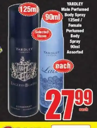 Boxer Yardley Male Perfumed Body Spray 125ml / Female Perfumed Body Spray 90ml Assorted offer