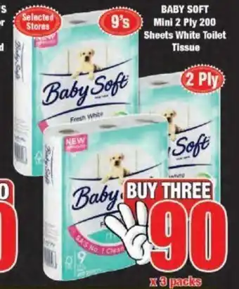 Boxer Baby Soft Mini 2 Ply 200 Sheets White Toilet Tissue x3 Pack offer