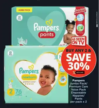 Checkers Pampers Jumbo Pack/ Premium Care Value Pack Disposable Nappies/ Pants per pack x 2 offer