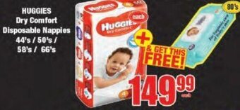 Boxer Huggies Dry Comfort Disposable Nappies 44's / 50's / 58's / 66's offer