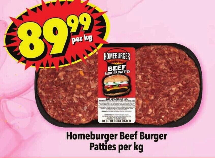 Homeburger Beef Burger Patties per kg offer at Shoprite