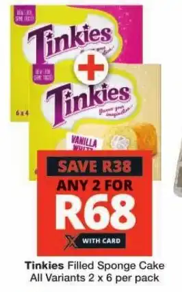 Checkers Tinkies Filled Sponge Cake All Variants 2 x 6 per pack offer