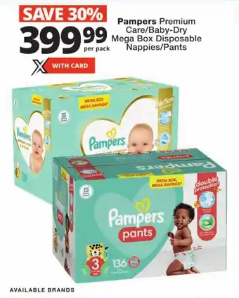 Checkers Pampers Premium Care/Baby-Dry Mega Box Disposable Nappies/Pants offer