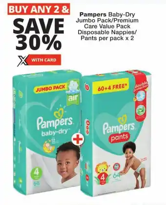 Checkers Pampers Baby-Dry Jumbo Pack/Premium Care Value Pack Disposable Nappies/ Pants per pack x 2 offer