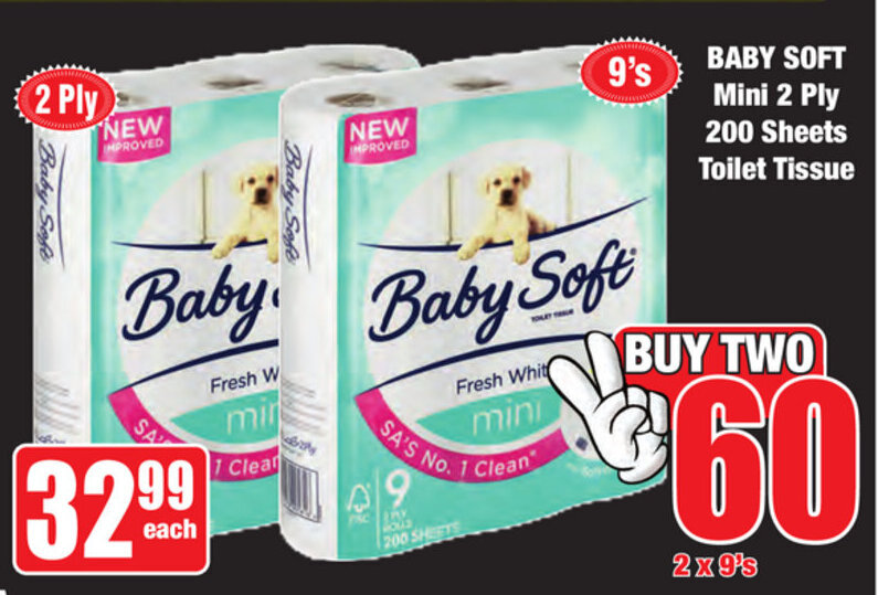 Baby Soft Mini 2 Ply 200 Sheets Toilet Tissue 2x9's offer at Boxer