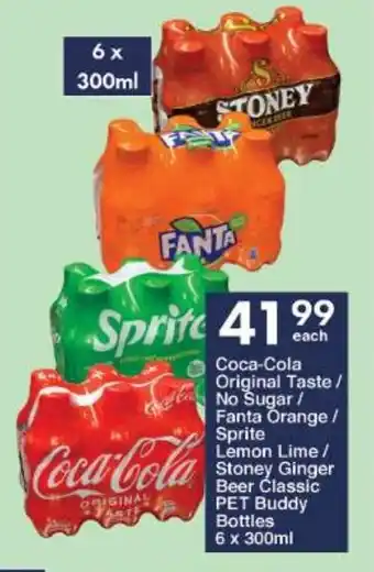 President Hyper Coca-Cola Original Taste/ No Sugar/ Fanta Orange/ Sprite Lemon Lime/ Stoney Ginger Beer Classic PET Buddy Bottles 6 x 300ml offer