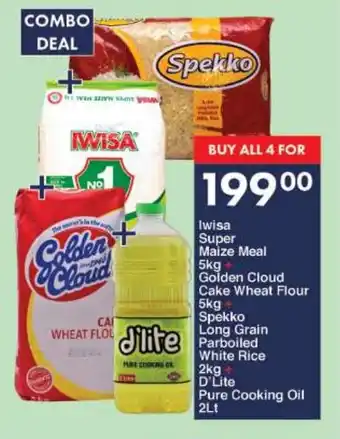 Iwisa Super Maize Meal + Golden Cloud Cake Wheat Flour + Spekko Long Grain Parboiled White Rice +D'Lite Pure Cooking Oil 2L