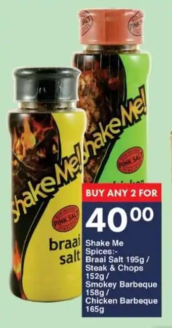 President Hyper Shake Me Spices Braai Salt 195g/ Steak & Chops 152g/ Smokey Barbeque 158g/ Chicken Barbeque 165g offer