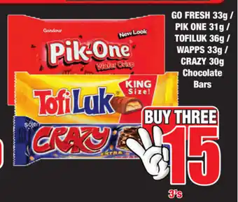 Go Fresh 33g/ Pik One 31g/ Tofiluk 36g/ Wapps 33g/ Crazy 30g Chocolate Bars 3's