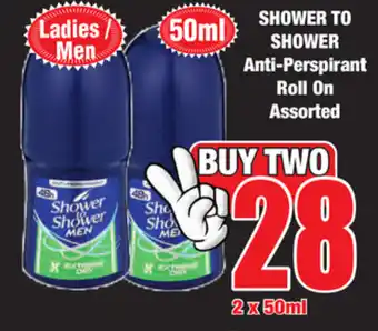 Shower to Shower Anti-Perspirant Roll On Assorted 2x50ml
