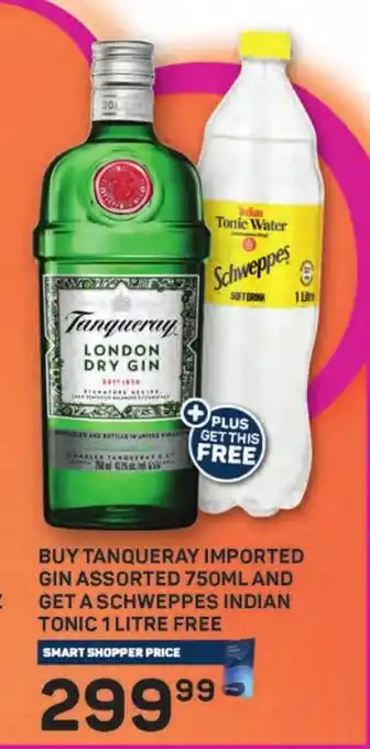 Pick n Pay Liquor BUY TANQUERAY IMPORTED GIN ASSORTED 750ML AND GET A SCHWEPPES INDIAN TONIC 1 LITRE FREE offer