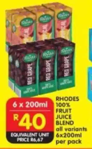 Shoprite RHODES 100% FRUIT JUICE BLEND all variants 6x200ml per pack offer