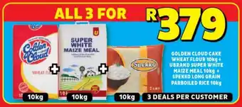 Usave GOLDEN CLOUD CAKE WHEAT FLOUR 10kg + UBRAND SUPER WHITE MAIZE MEAL 10kg + SPEKKO LONG GRAIN PARBOILED RICE 10kg offer