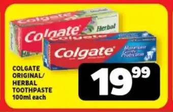 Usave COLGATE ORIGINAL/ HERBAL TOOTHPASTE 100ml each offer