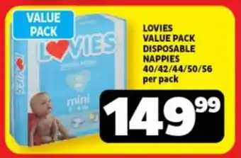 Usave LOVIES VALUE PACK DISPOSABLE NAPPIES 40/42/44/50/56 per pack offer