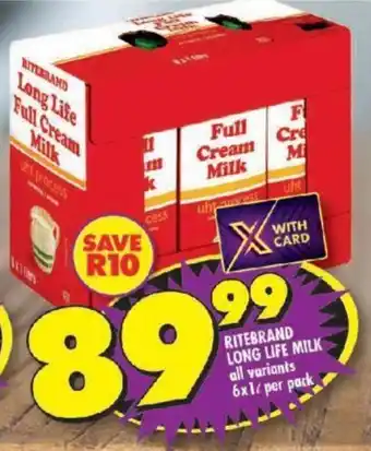 Shoprite RITEBRAND LONG LIFE MILK all variants 6x1L per pack offer