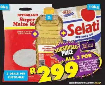 Shoprite RITEBRAND SUNFLOWER SEED OIL 2L + SELATI WHITE SUGAR 10kg + RITEBRAND SUPER MAIZE MEAL 10kg offer