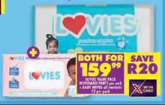 Shoprite LOVIES VALUE PACK DISPOSABLE PANTS per pack +BABY WIPES all variants 72 per pack offer