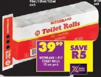 Shoprite RITEBRAND 1-PLY TOILET ROLLS 10 per pack offer