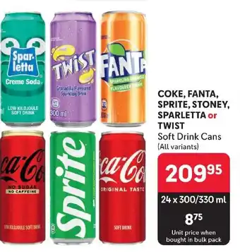 Makro COKE, FANTA, SPRITE, STONEY, SPARLETTA or TWIST Soft Drink Cans (All variants) offer
