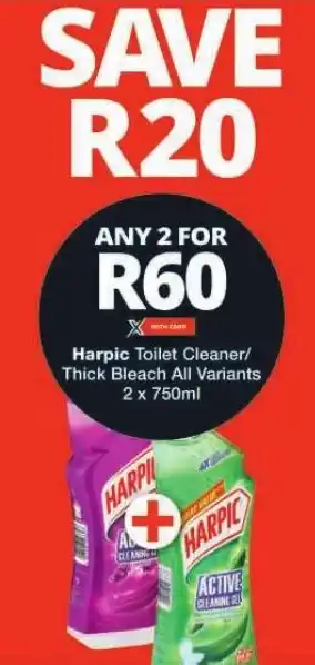 Checkers Harpic Toilet Cleaner/ Thick Bleach All Variants 2 x 750ml offer
