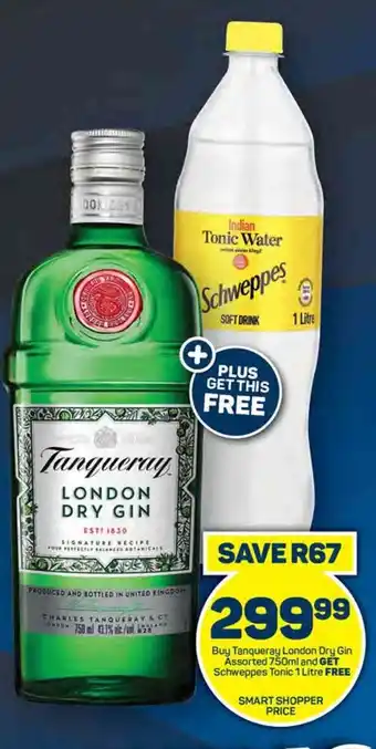 Pick n Pay Tanqueray London Dry Gin Assorted 750ml and GET Schweppes Tonic 1 Litre FREE offer