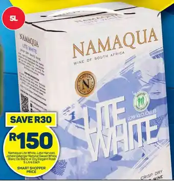Pick n Pay Namaqua Lite White, Late Harvest, Johannisberger Natural Sweet White, Blanc De Blanc or Dry Elegant Rosé 5 Litre Each offer