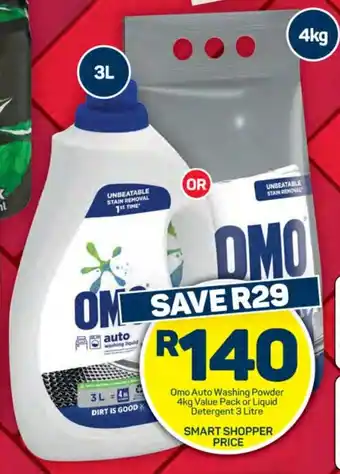 Pick n Pay Hypermarket Omo Auto Washing Powder 4kg Value Pack or Liquid Detergent 3 Litre offer