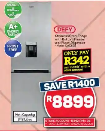 Pick n Pay Hypermarket DEFY Stainless Steel Fridge with Bottom Freezer and Water Dispenser offer