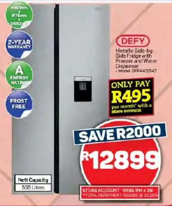 Pick n Pay Hypermarket DEFY Metallic Side-by-Side Fridge with Freezer and Water Dispenser offer