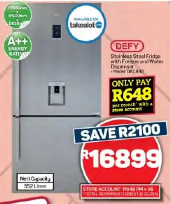 Pick n Pay Hypermarket DEFY Stainless Steel Fridge with Freezer and Water Dispenser offer