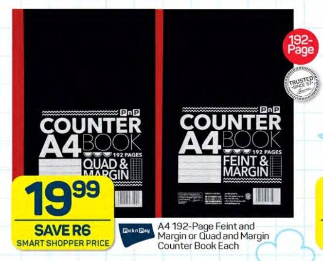 A4 192-Page Feint and Margin or Quad and Margin Counter Book Each offer ...