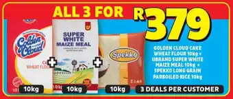 Usave GOLDEN CLOUD CAKE WHEAT FLOUR 10kg + UBRAND SUPER WHITE MAIZE MEAL 10kg + SPEKKO LONG GRAIN PARBOILED RICE 10kg offer