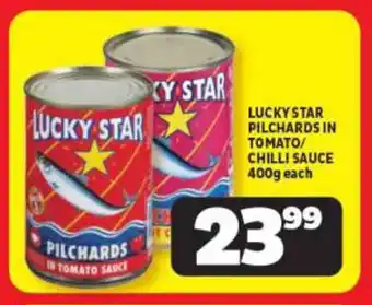 Usave LUCKY STAR PILCHARDS IN TOMATO/ CHILLI SAUCE 400g each offer