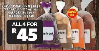 Usave CLASS 1 POTATOES 1kg bag + CLASS 1 ONIONS 1kg bag + CARROTS 1kg bag + BEETROOT 1kg bag offer