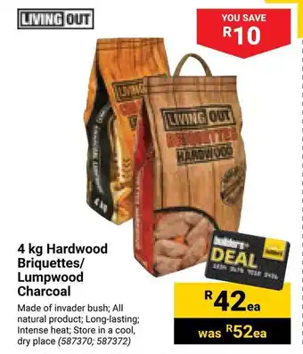 Builders Warehouse LIVING OUT 4kg Hardwood Briquettes/ Lumpwood Charcoal offer