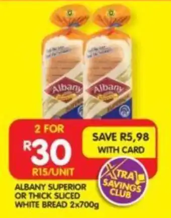 Shoprite ALBANY SUPERIOR OR THICK SLICED WHITE BREAD 2x700g offer