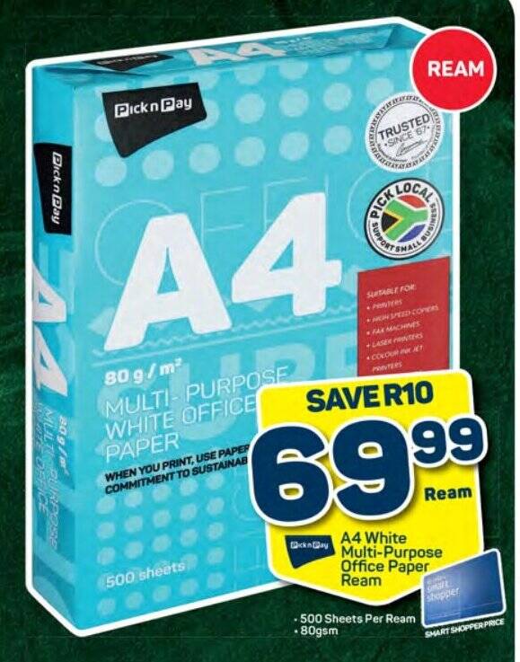 A4 White MultiPurpose Office Paper Ream offer at Pick n Pay